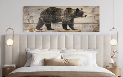 Bear Painted On Wood Long Horizontal Framed Canvas Wall Art For Cabin Decor