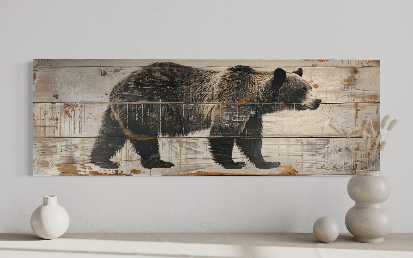 Bear Painted On Wood Long Horizontal Framed Canvas Wall Art For Cabin Decor