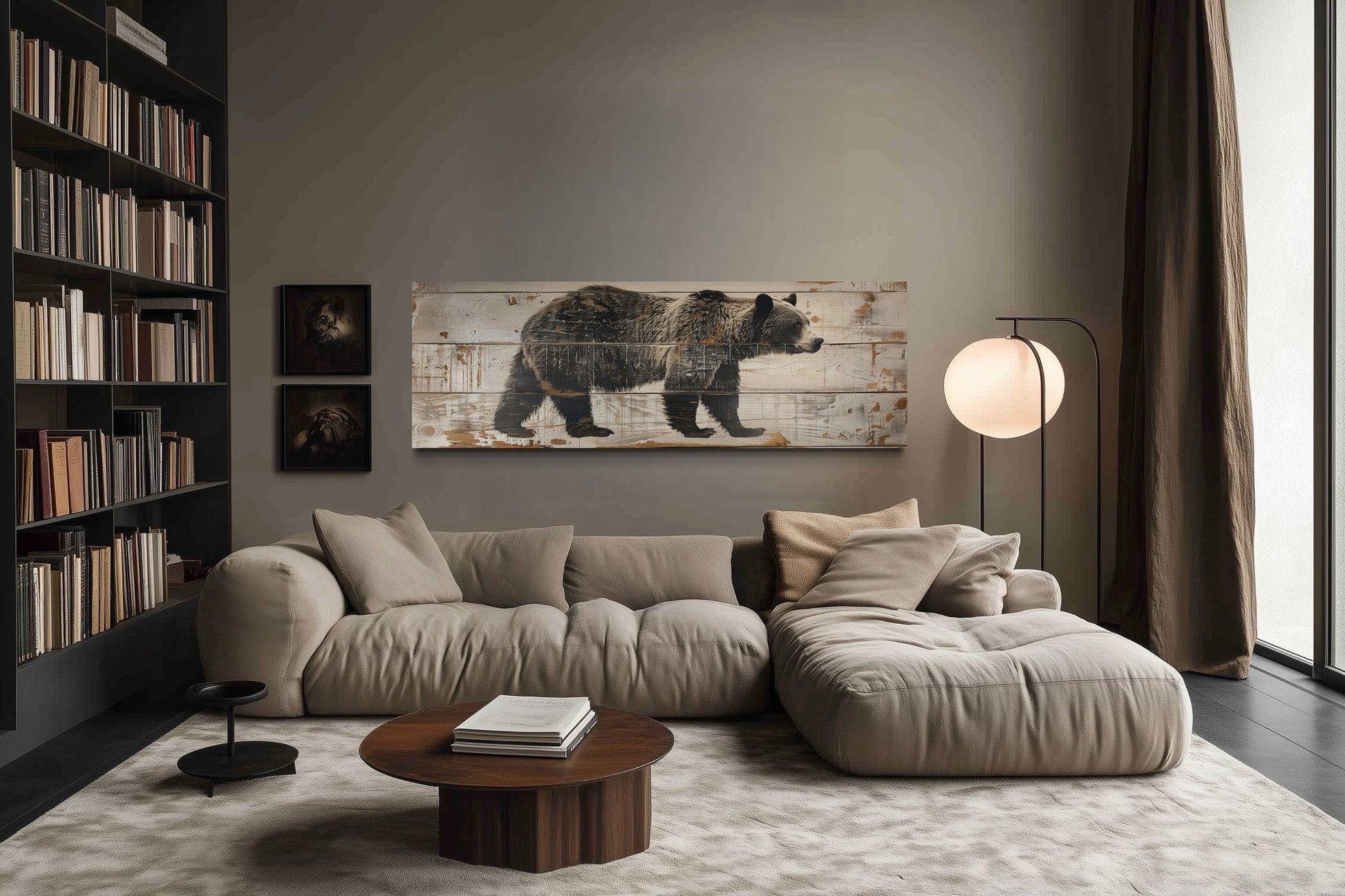 Bear Painted On Wood Long Horizontal Framed Canvas Wall Art For Cabin Decor