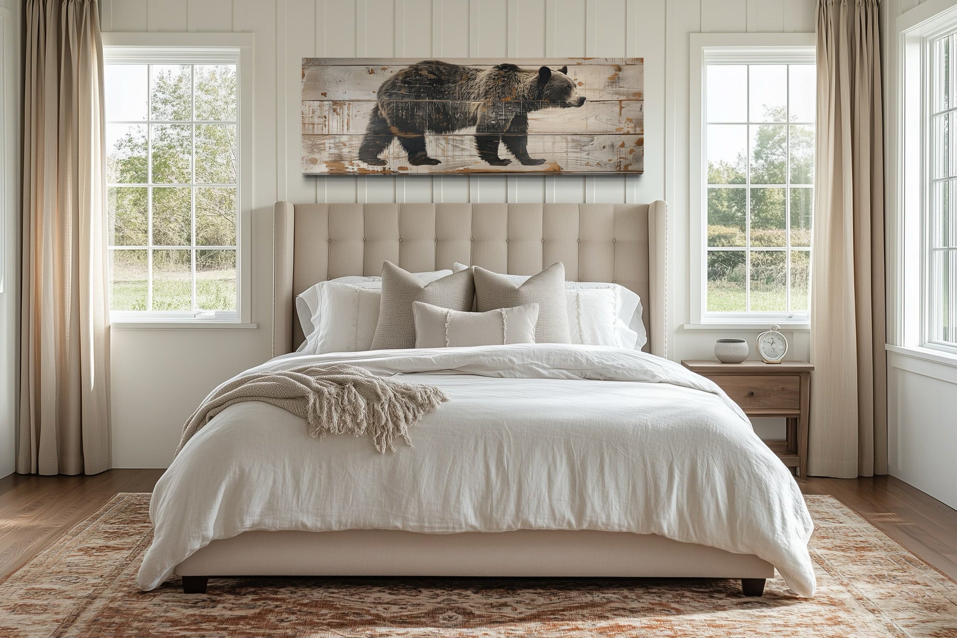 Bear Painted On Wood Long Horizontal Framed Canvas Wall Art For Cabin Decor