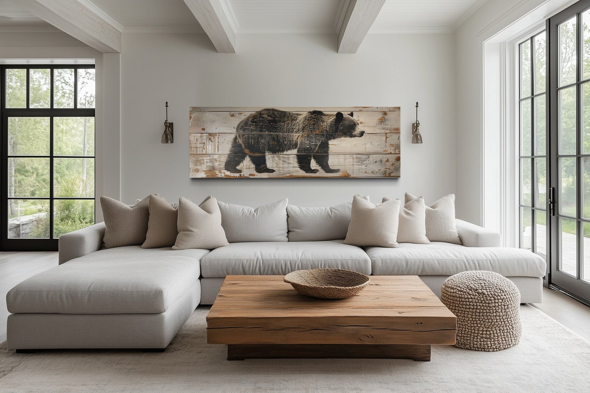 Bear Painted On Wood Long Horizontal Framed Canvas Wall Art For Cabin Decor