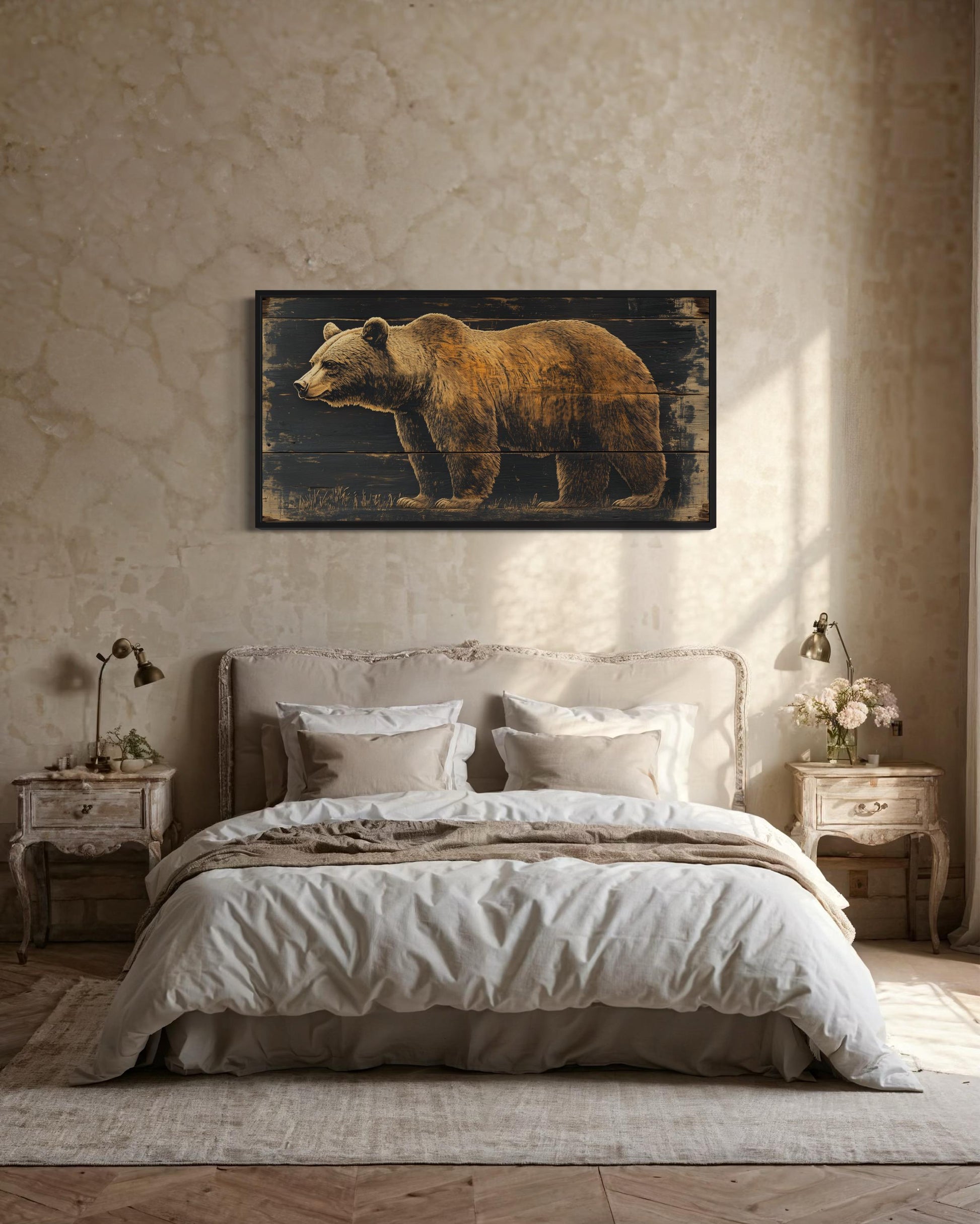 Bear Painted on Dark Wood Framed Canvas Wall Art For Cabin Decor