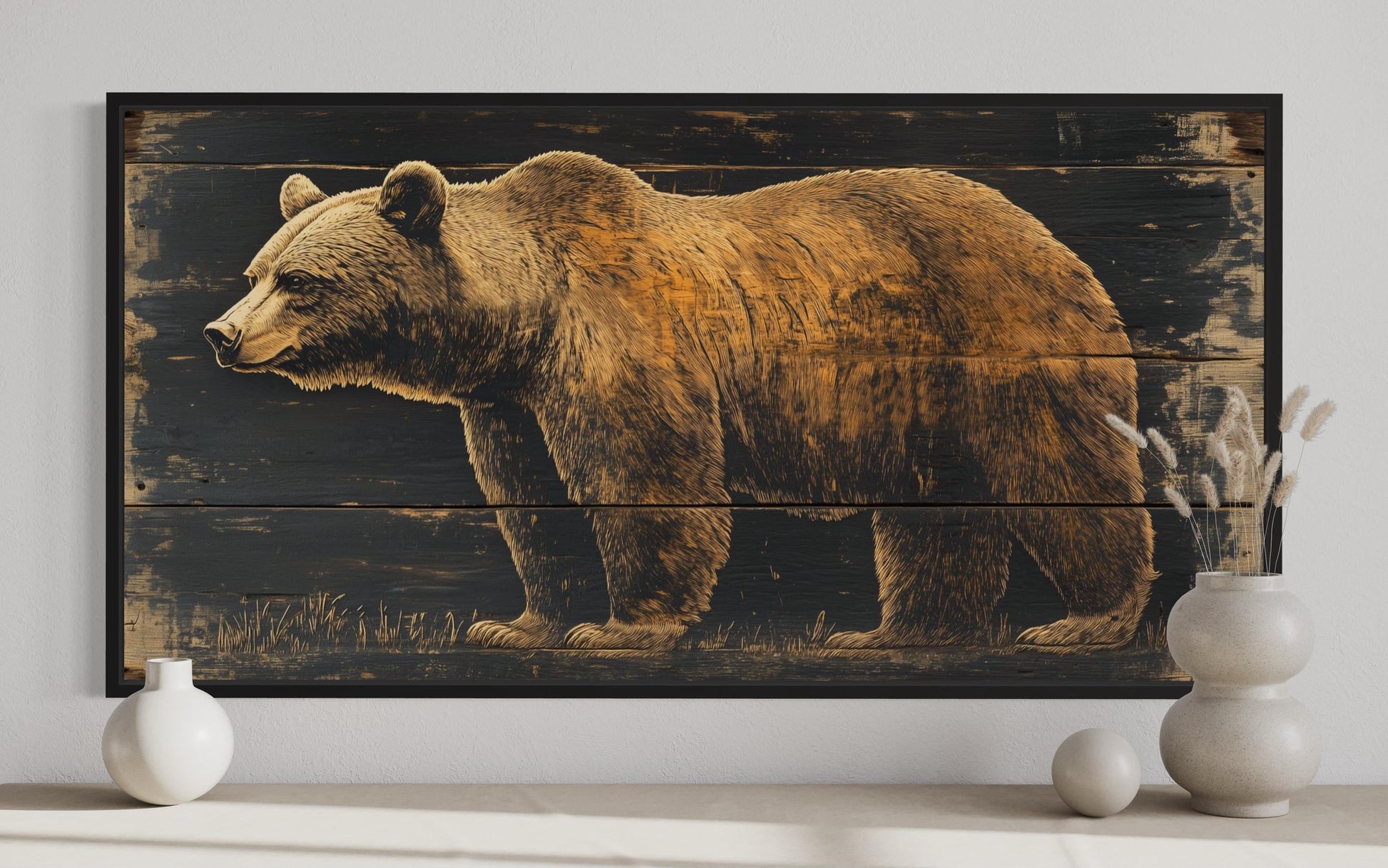 Bear Painted on Dark Wood Framed Canvas Wall Art For Cabin Decor