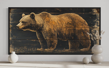 Bear Painted on Dark Wood Framed Canvas Wall Art For Cabin Decor
