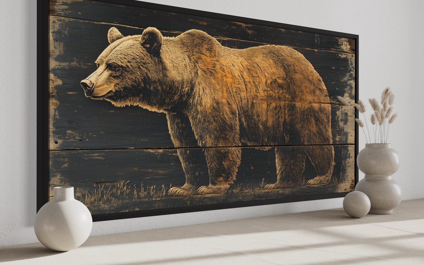 Bear Painted on Dark Wood Framed Canvas Wall Art For Cabin Decor