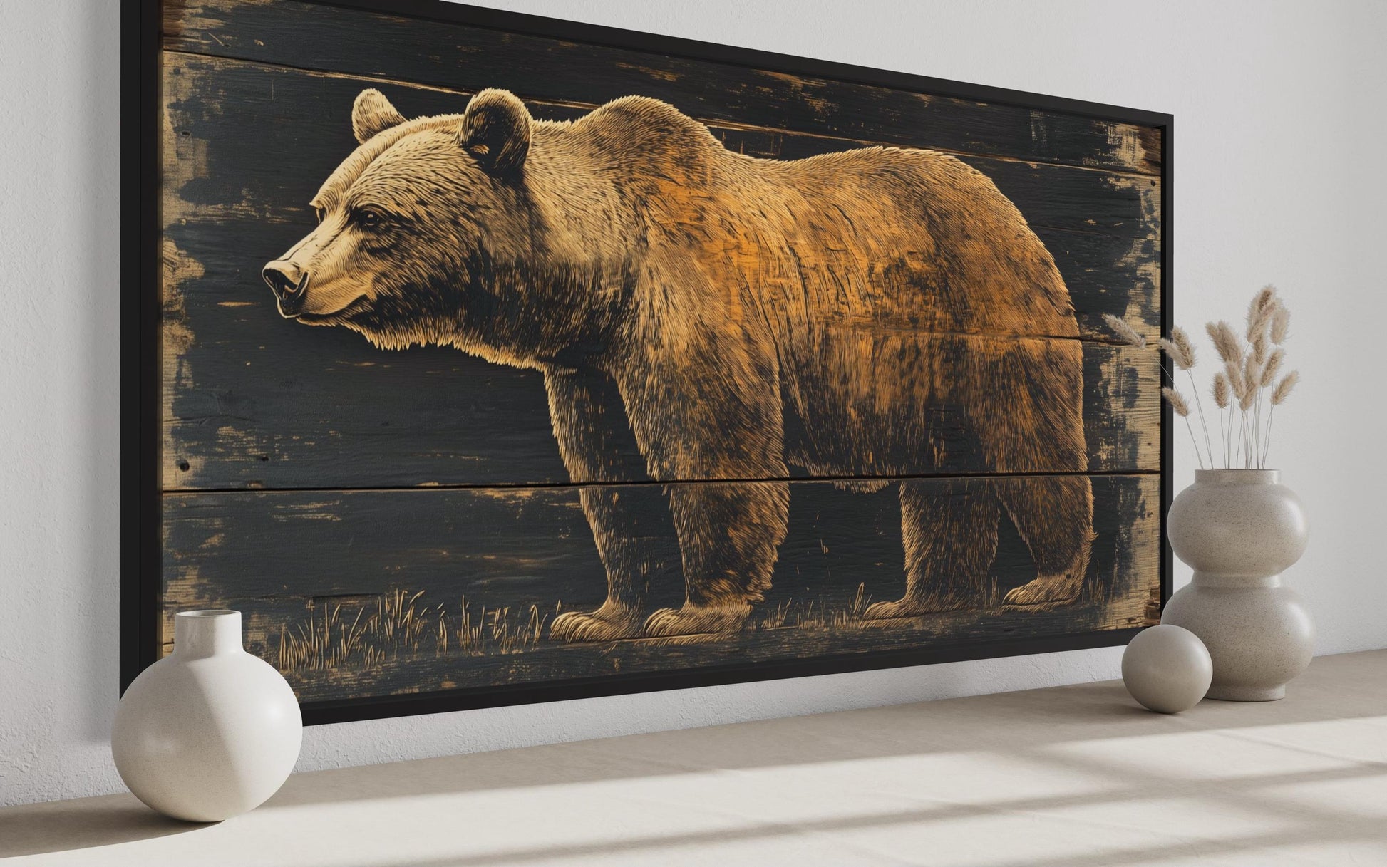 Bear Painted on Dark Wood Framed Canvas Wall Art For Cabin Decor