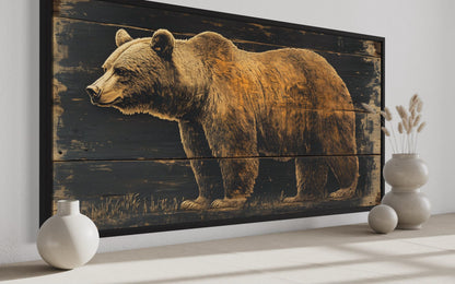 Bear Painted on Dark Wood Framed Canvas Wall Art For Cabin Decor