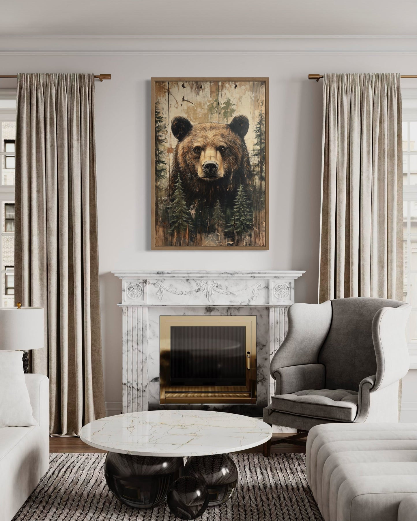 Bear Painting On Wood Rustic Framed Canvas Wall Art For Cabin Decor