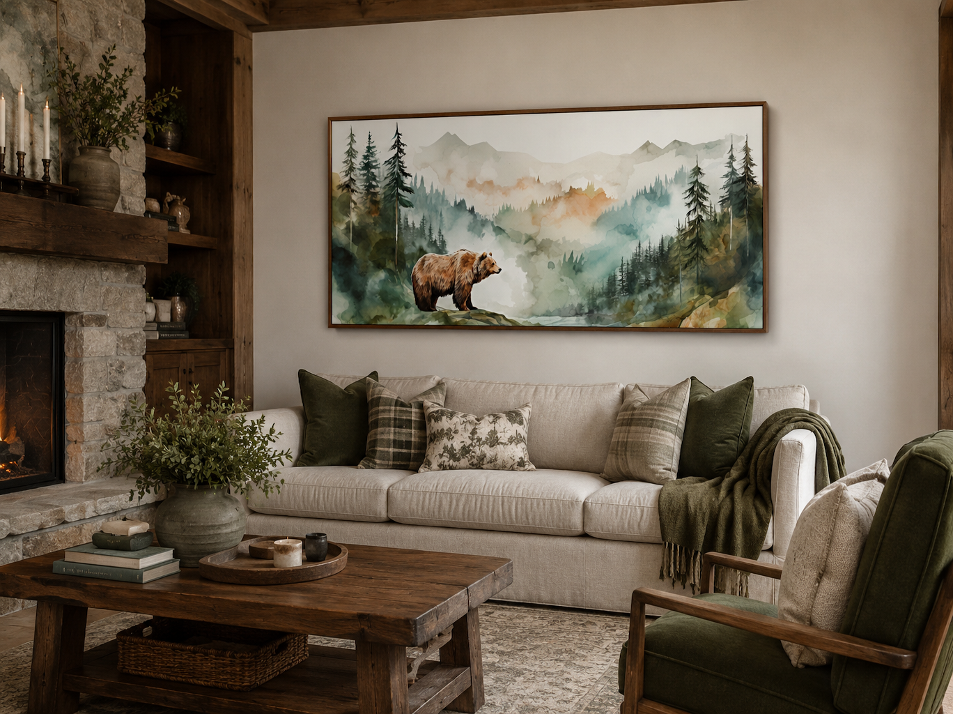 Bear In The Wilderness Forest Watercolor Framed Canvas Wall Art