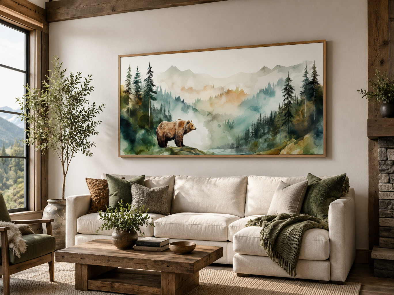Bear In The Wilderness Forest Watercolor Framed Canvas Wall Art