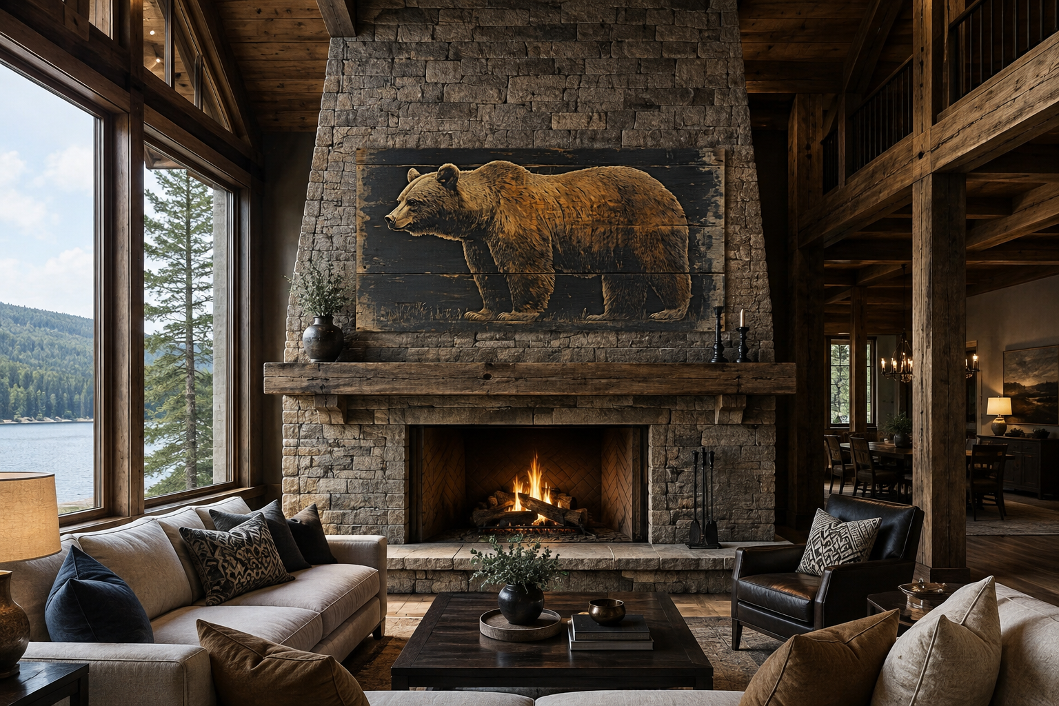 Bear Painted on Dark Wood Framed Canvas Wall Art For Cabin Decor