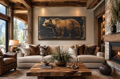 Bear Painted on Dark Wood Framed Canvas Wall Art For Cabin Decor