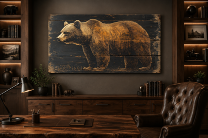 Bear Painted on Dark Wood Framed Canvas Wall Art For Cabin Decor