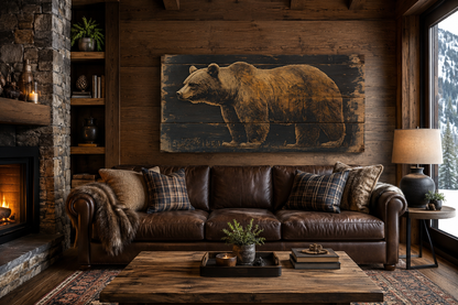 Bear Painted on Dark Wood Framed Canvas Wall Art For Cabin Decor