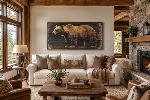 Bear Painted on Dark Wood Framed Canvas Wall Art For Cabin Decor