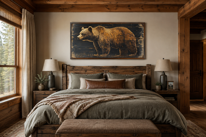 Bear Painted on Dark Wood Framed Canvas Wall Art For Cabin Decor