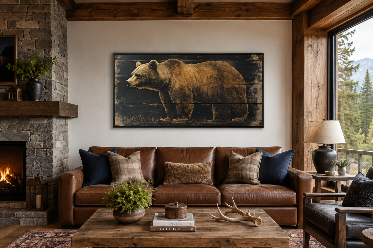 Bear Painted on Dark Wood Framed Canvas Wall Art For Cabin Decor