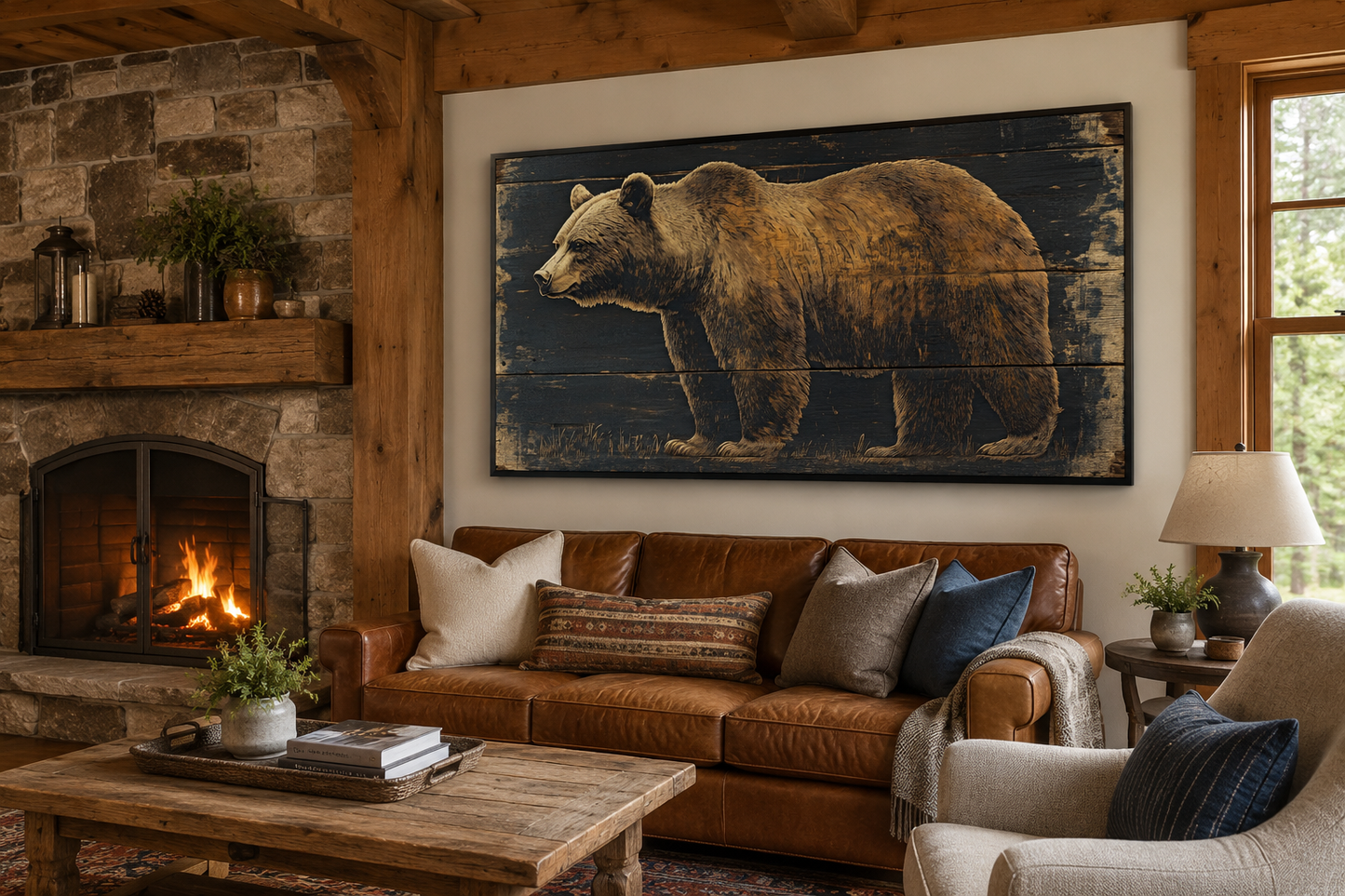 Bear Painted on Dark Wood Framed Canvas Wall Art For Cabin Decor