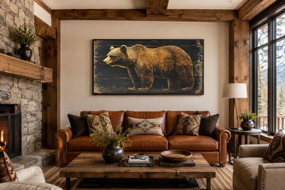 Bear Painted on Dark Wood Framed Canvas Wall Art For Cabin Decor