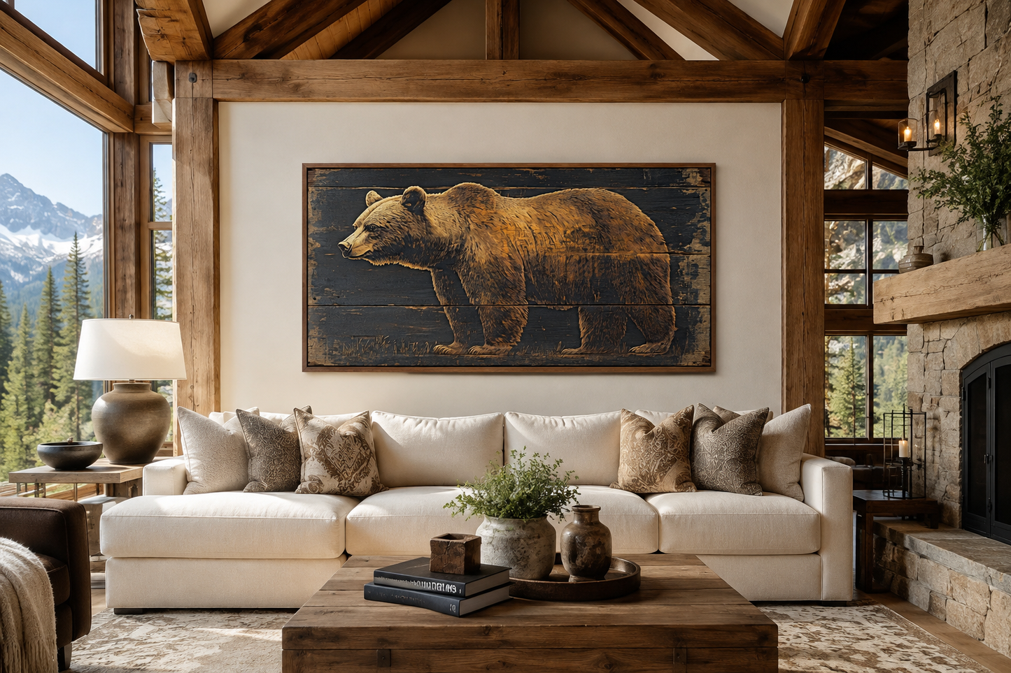 Bear Painted on Dark Wood Framed Canvas Wall Art For Cabin Decor