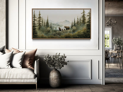Bears Family With Cubs In The Forest Watercolor Nursery Wall Art