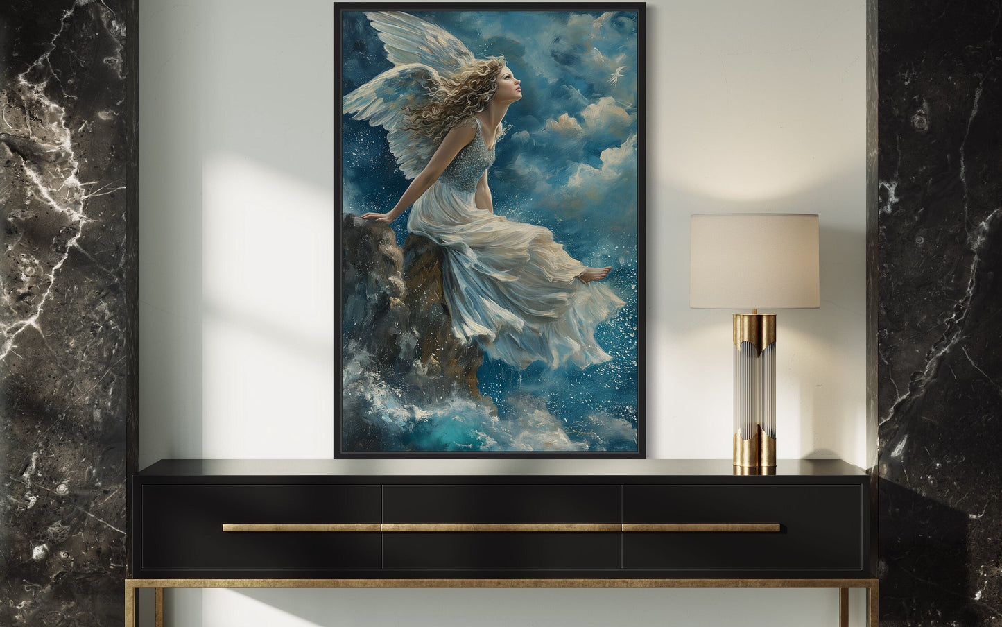 Beautiful Angel Sitting On Top A Mountain Among Clouds in Heaven Christian Wall Art