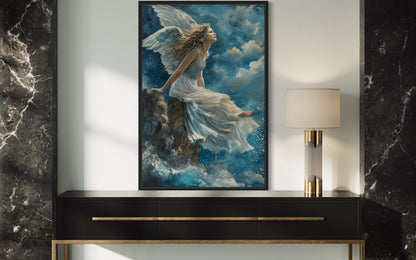 Beautiful Angel Sitting On Top A Mountain Among Clouds in Heaven Christian Wall Art
