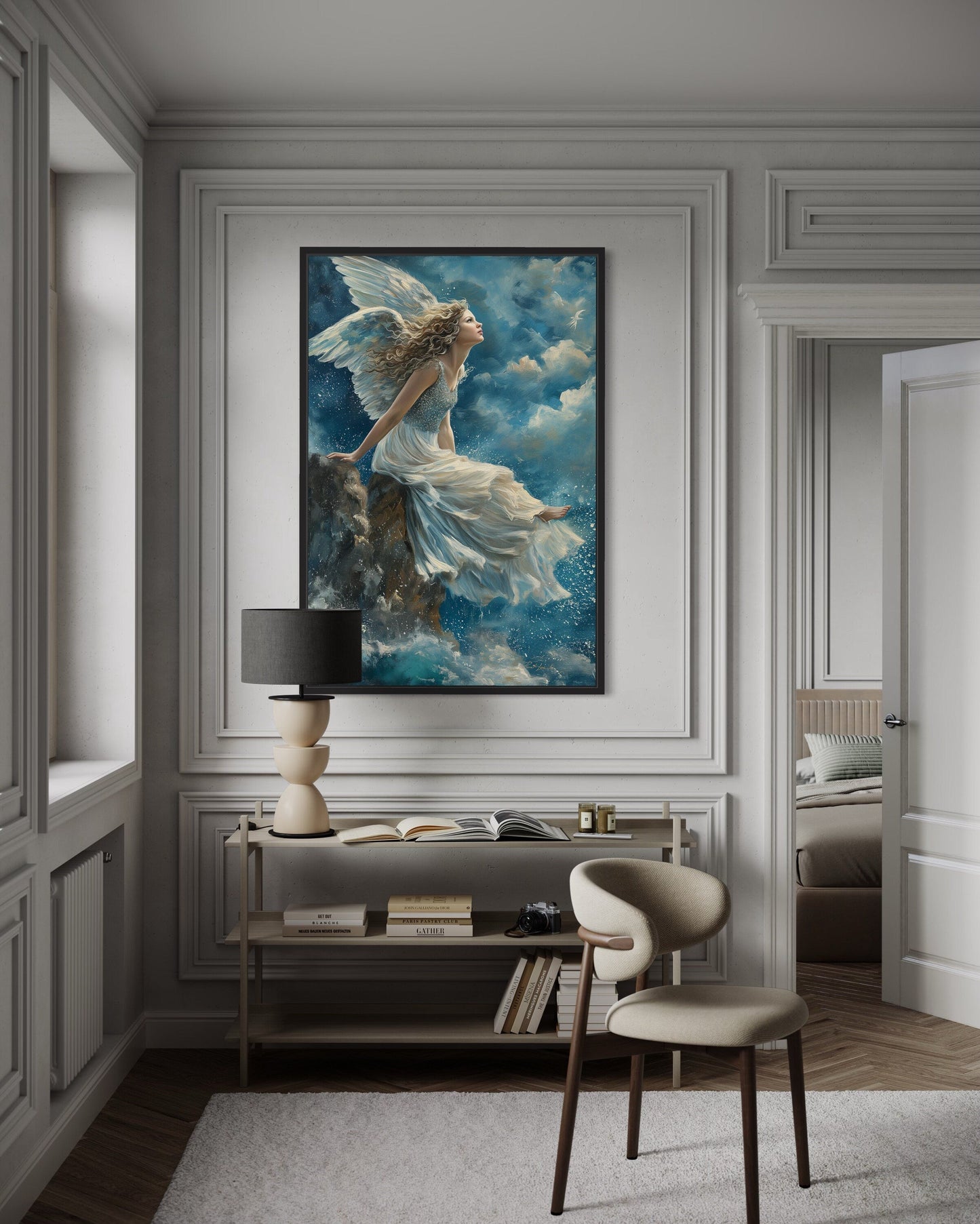 Beautiful Angel Sitting On Top A Mountain Among Clouds in Heaven Christian Wall Art