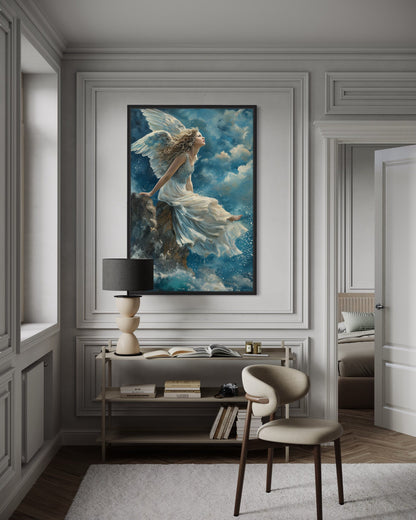 Beautiful Angel Sitting On Top A Mountain Among Clouds in Heaven Christian Wall Art