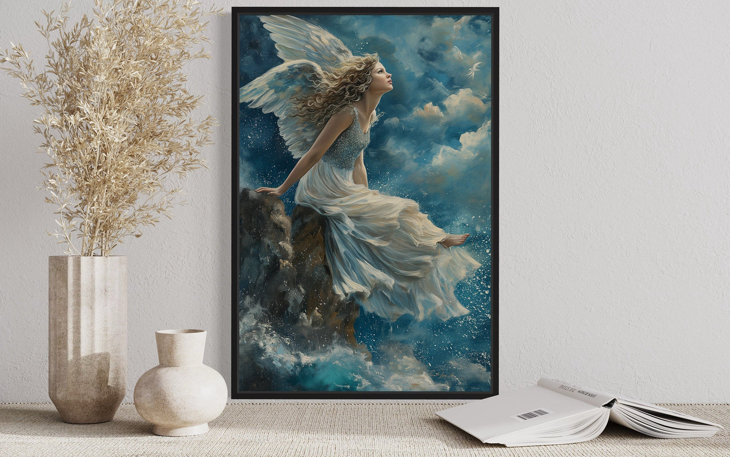 Beautiful Angel Sitting On Top A Mountain Among Clouds in Heaven Christian Wall Art
