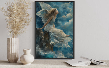 Beautiful Angel Sitting On Top A Mountain Among Clouds in Heaven Christian Wall Art