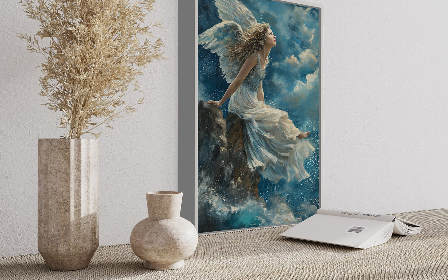 Beautiful Angel Sitting On Top A Mountain Among Clouds in Heaven Christian Wall Art