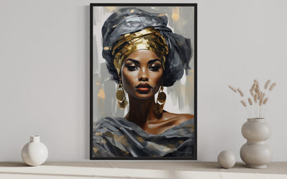 Beautiful Black Woman In Silver And Gold Framed Canvas Wall Art