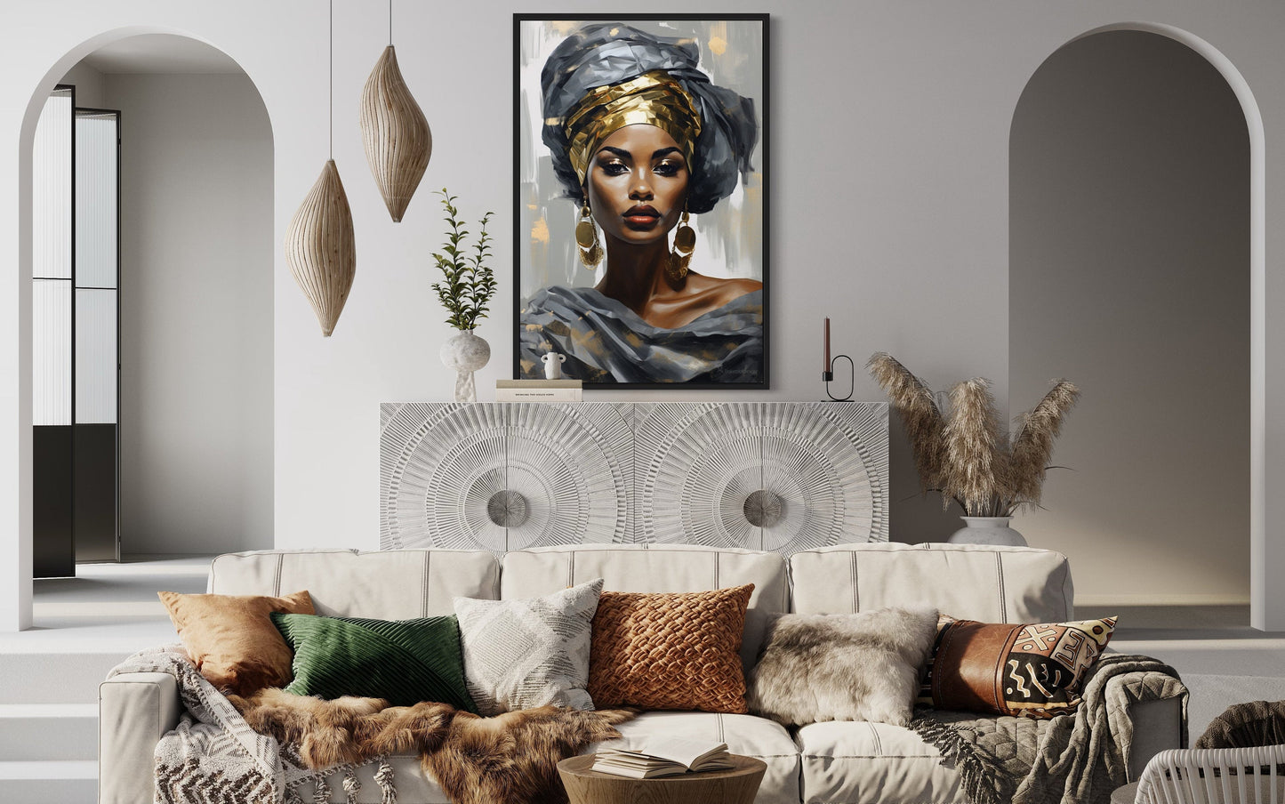 Beautiful Black Woman In Silver And Gold Framed Canvas Wall Art