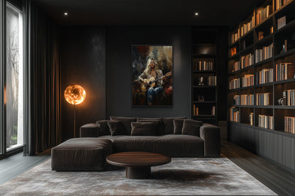 Beautiful Blonde Girl Playing Guitar Framed Canvas Wall Art Music Room Decor