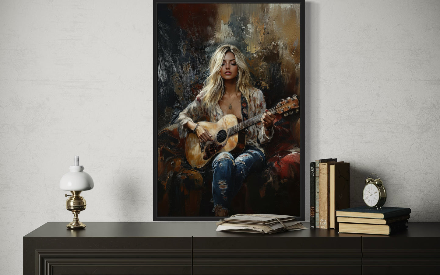 Beautiful Blonde Girl Playing Guitar Framed Canvas Wall Art Music Room Decor