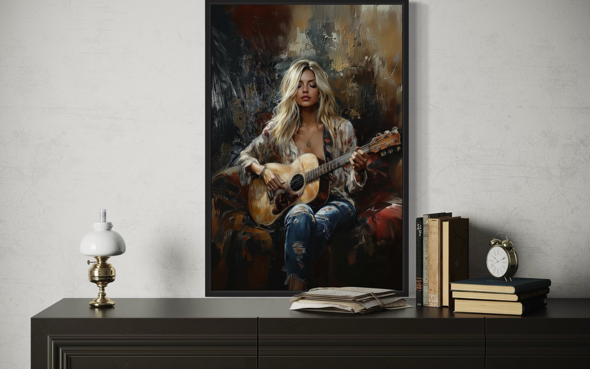 Beautiful Blonde Girl Playing Guitar Framed Canvas Wall Art Music Room Decor