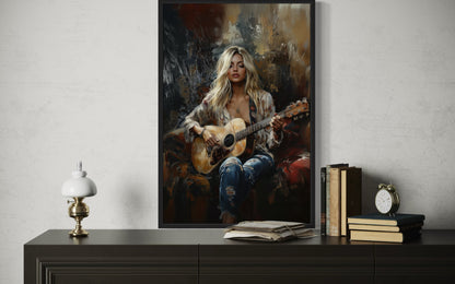 Beautiful Blonde Girl Playing Guitar Framed Canvas Wall Art Music Room Decor