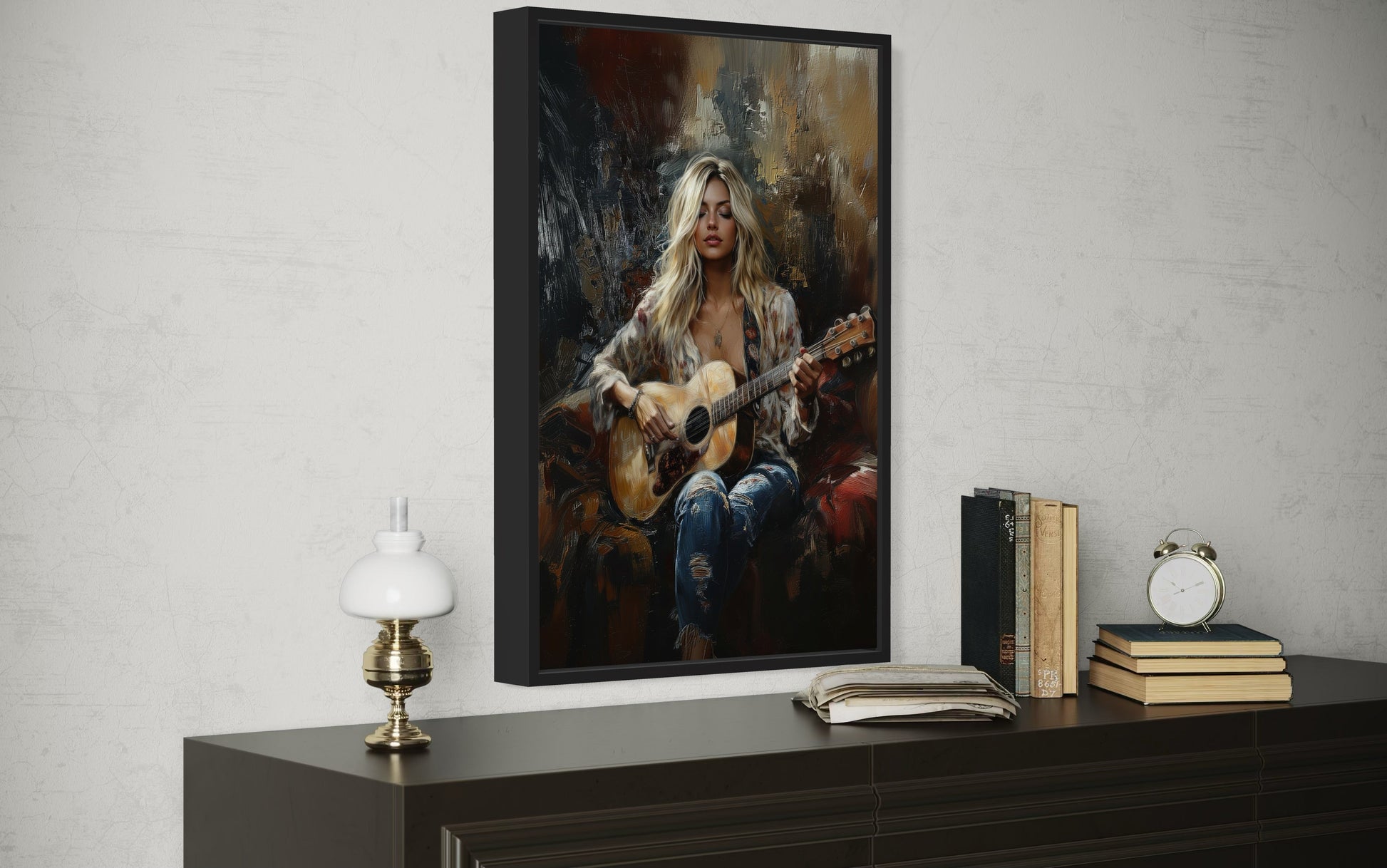 Beautiful Blonde Girl Playing Guitar Framed Canvas Wall Art Music Room Decor