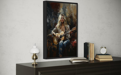 Beautiful Blonde Girl Playing Guitar Framed Canvas Wall Art Music Room Decor