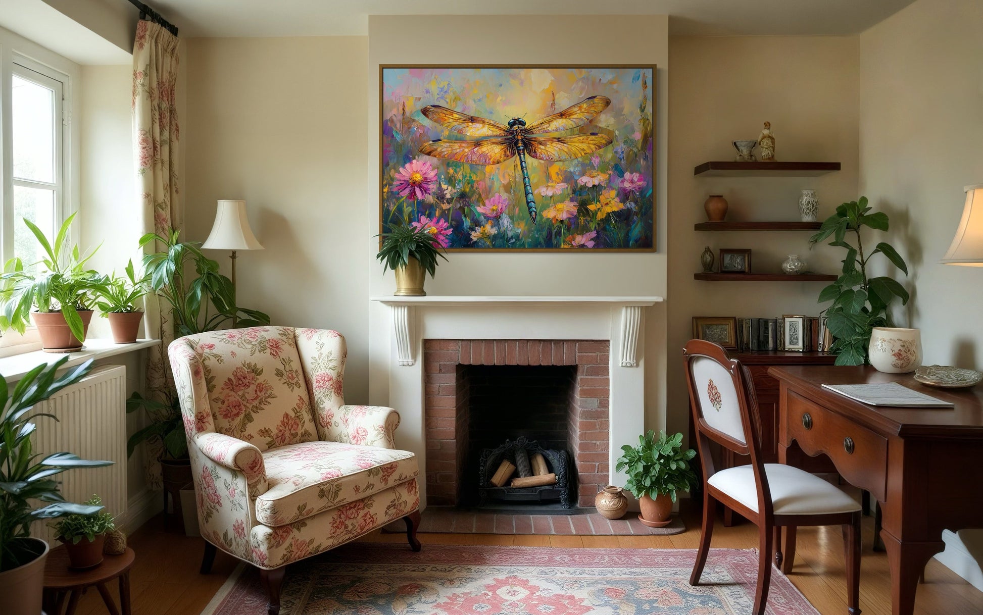 Beautiful Dragonfly On Flowers Delicate Painting Framed Canvas Wall Art