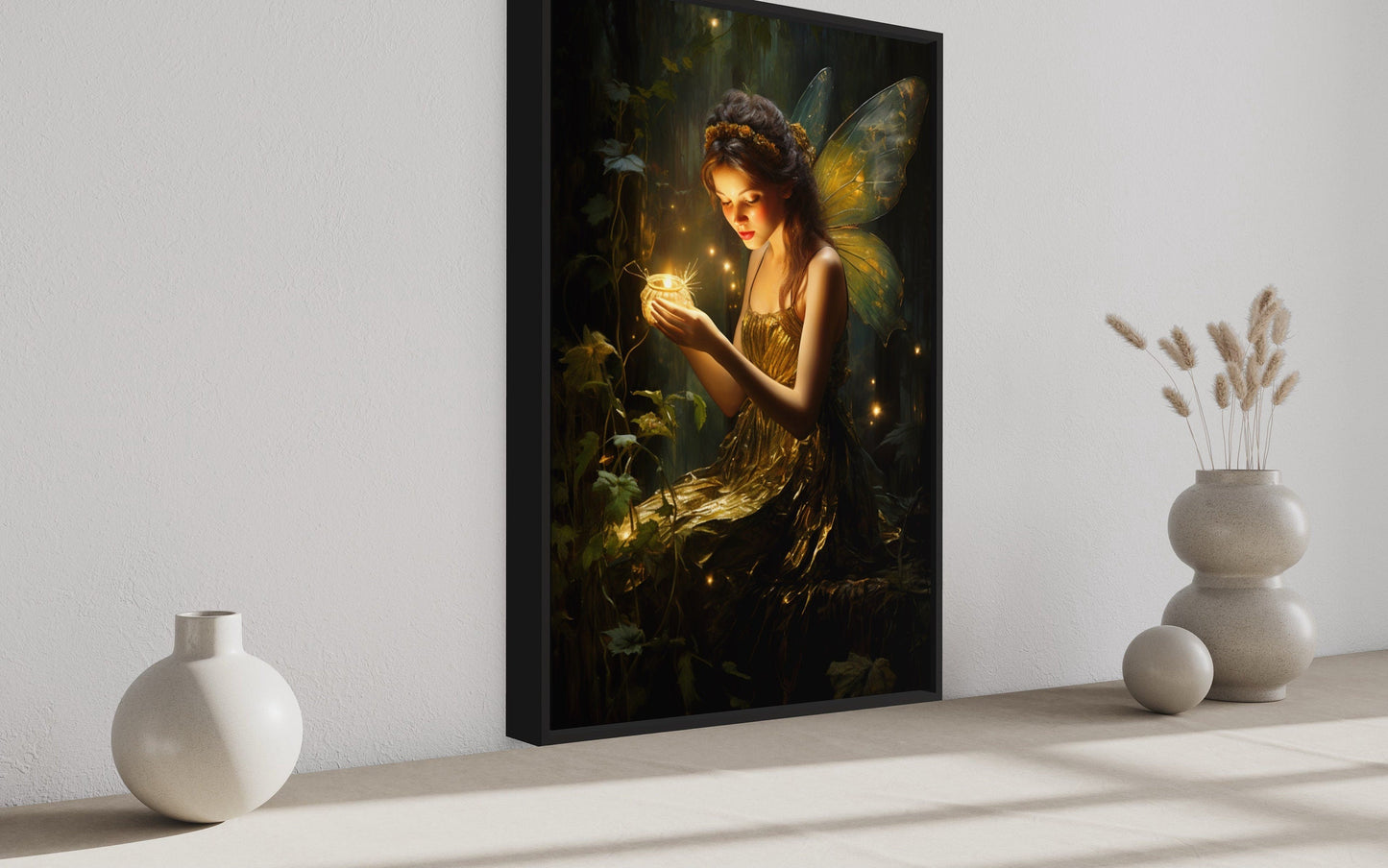 Beautiful Forest Fairy With Firefly Framed Canvas Wall Art