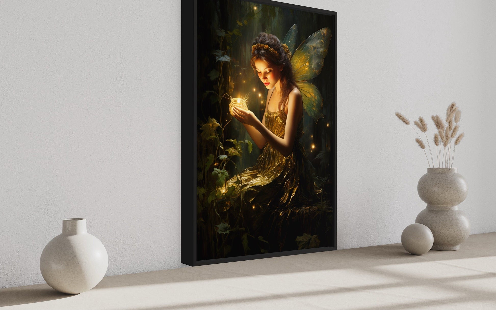 Beautiful Forest Fairy With Firefly Framed Canvas Wall Art
