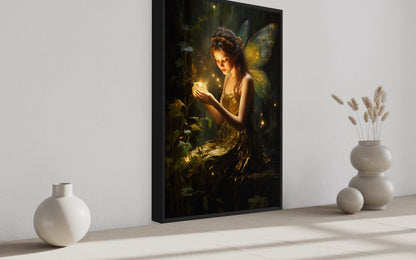 Beautiful Forest Fairy With Firefly Framed Canvas Wall Art