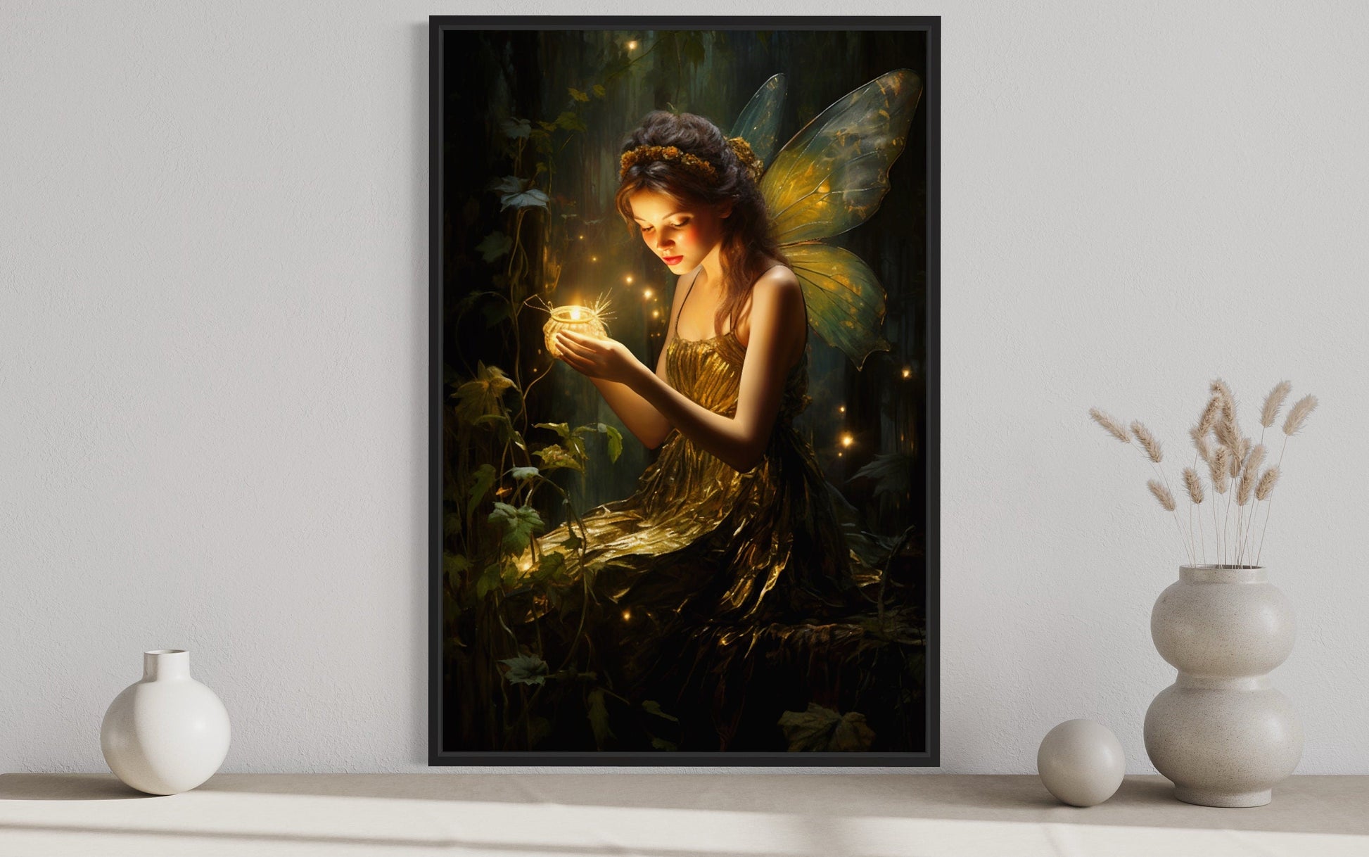 Beautiful Forest Fairy With Firefly Framed Canvas Wall Art