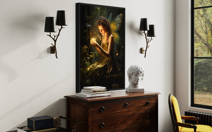 Beautiful Forest Fairy With Firefly Framed Canvas Wall Art