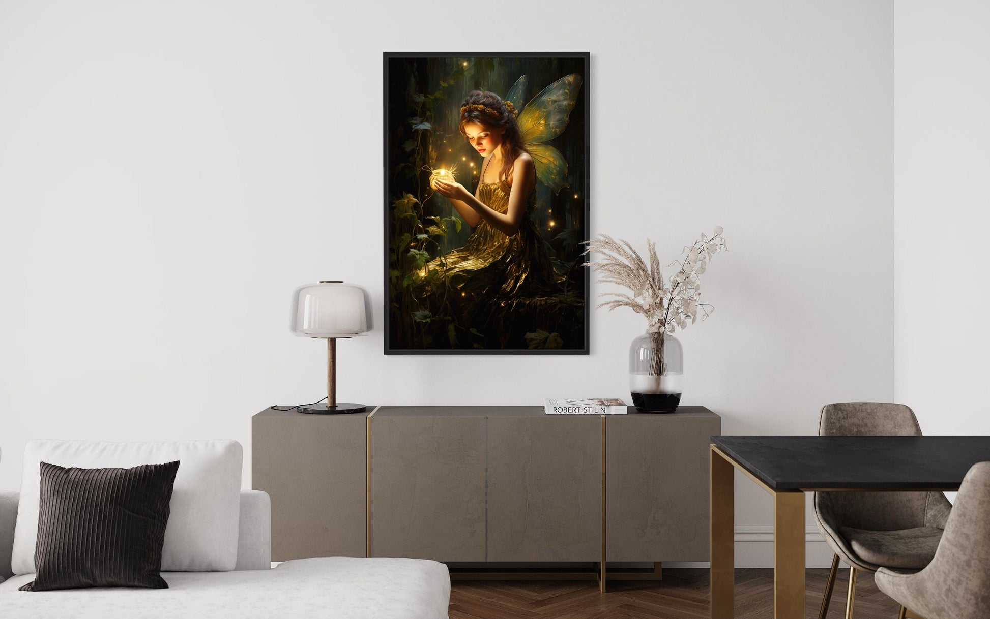 Beautiful Forest Fairy With Firefly Framed Canvas Wall Art