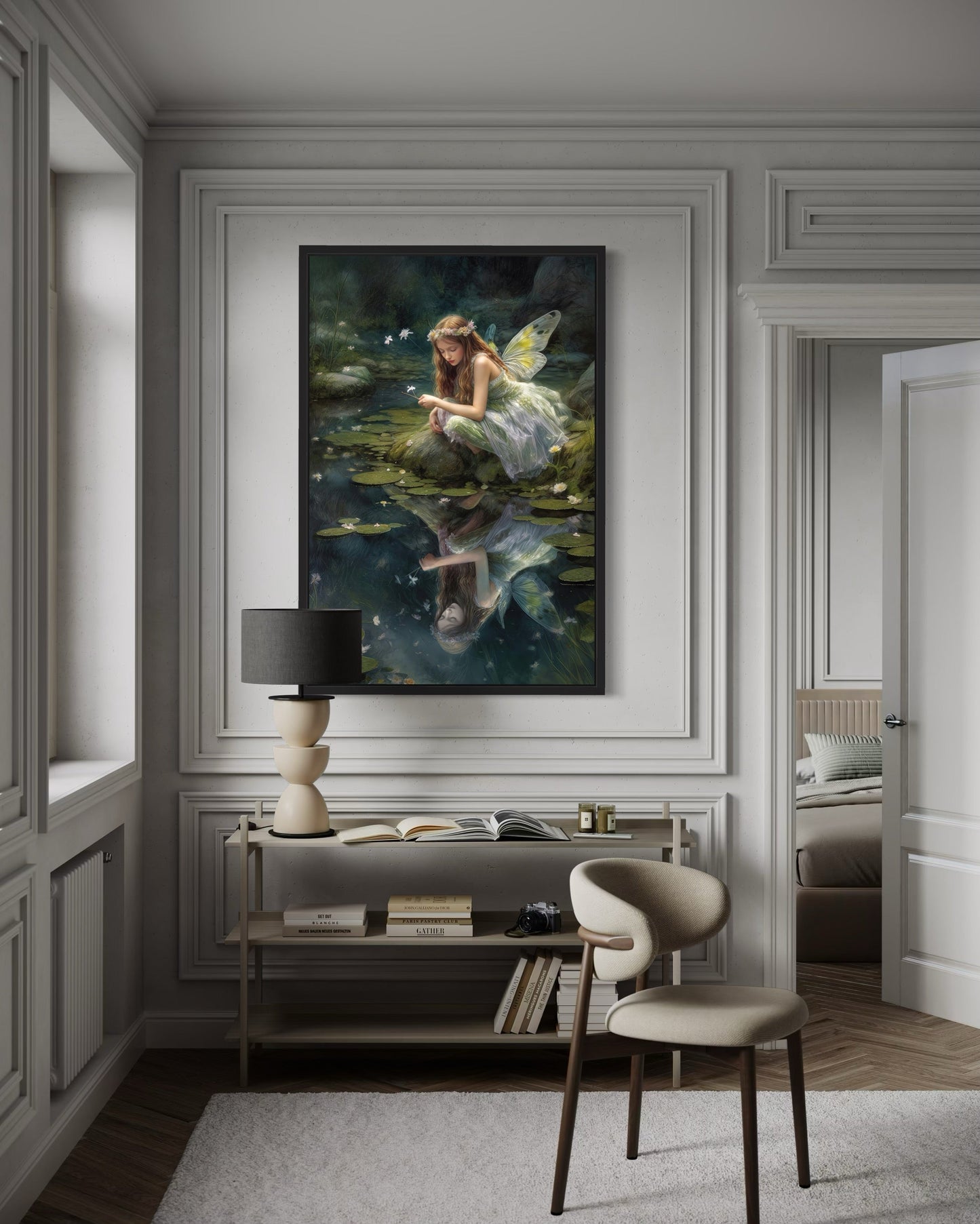 Beautiful Forest Looking At Her Reflection Fairy Near Pond Framed Canvas Wall Art