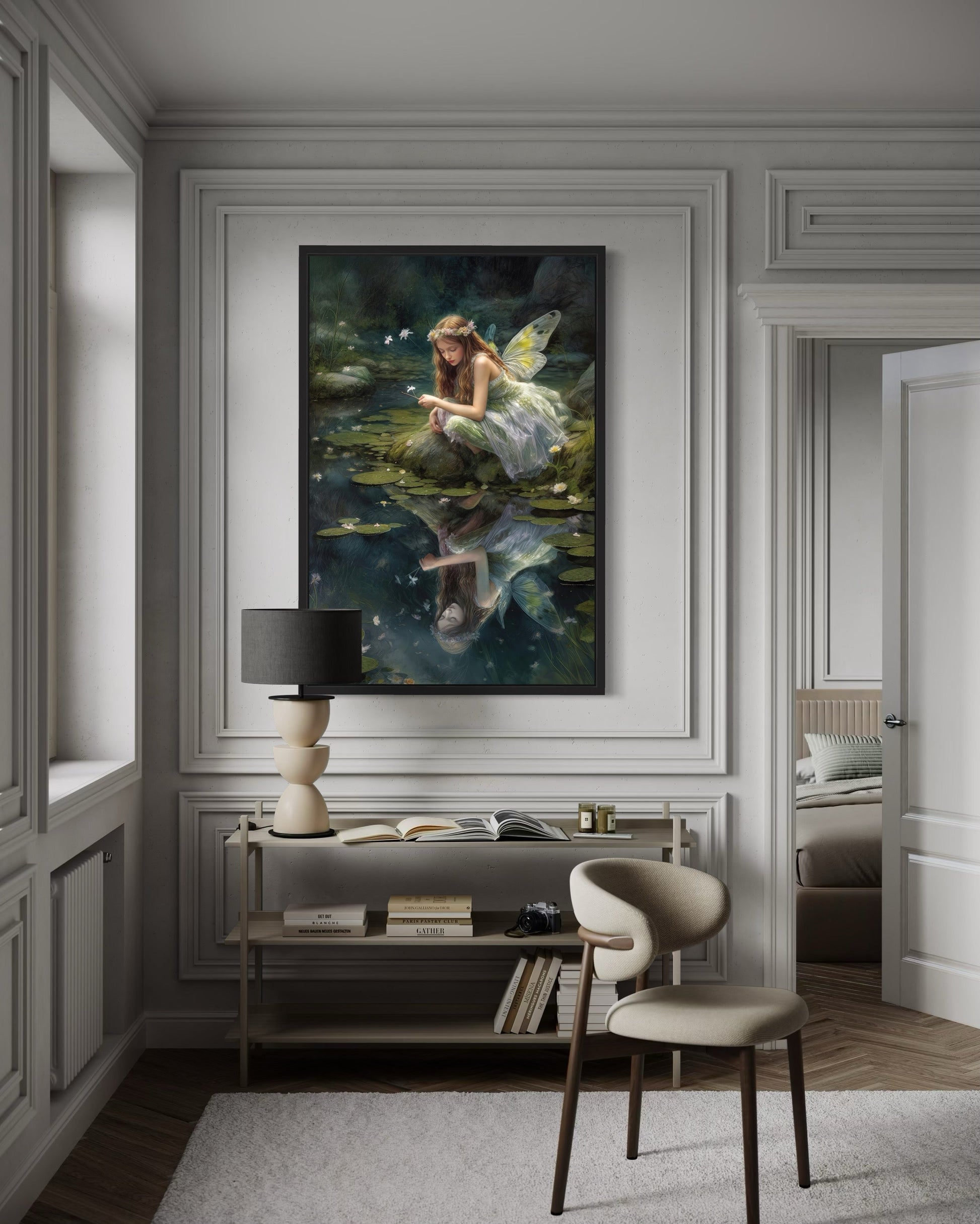Beautiful Forest Looking At Her Reflection Fairy Near Pond Framed Canvas Wall Art