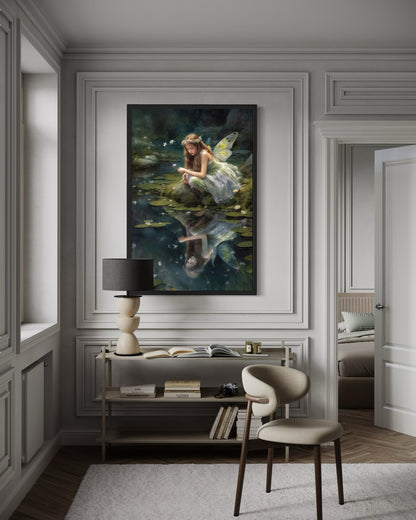 Beautiful Forest Looking At Her Reflection Fairy Near Pond Framed Canvas Wall Art